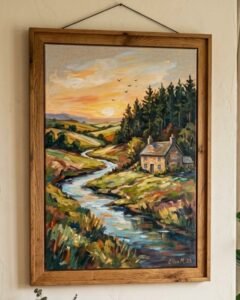 House Across River Canvas, Hand Drawn