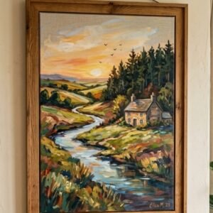 House Across River Canvas, Hand Drawn